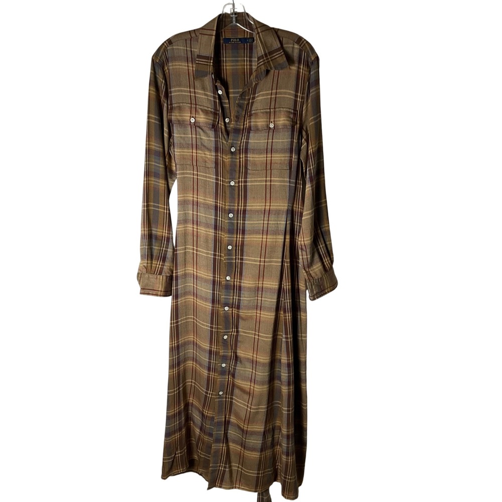 Polo Ralph Lauren Flannel Belted Midi Shirt Dress Brown Plaid Size XL - Picture 4 of 9